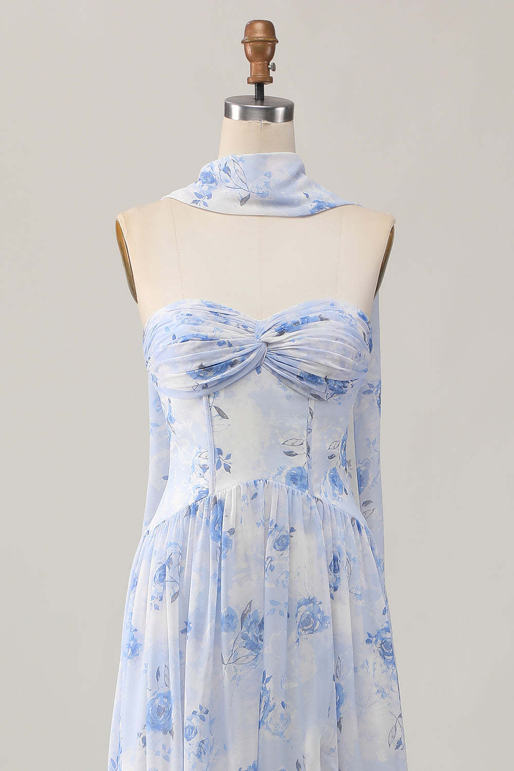 Blue Floral Corset Neck Scarf Maxi A Line Wedding Guest Dress with Slit