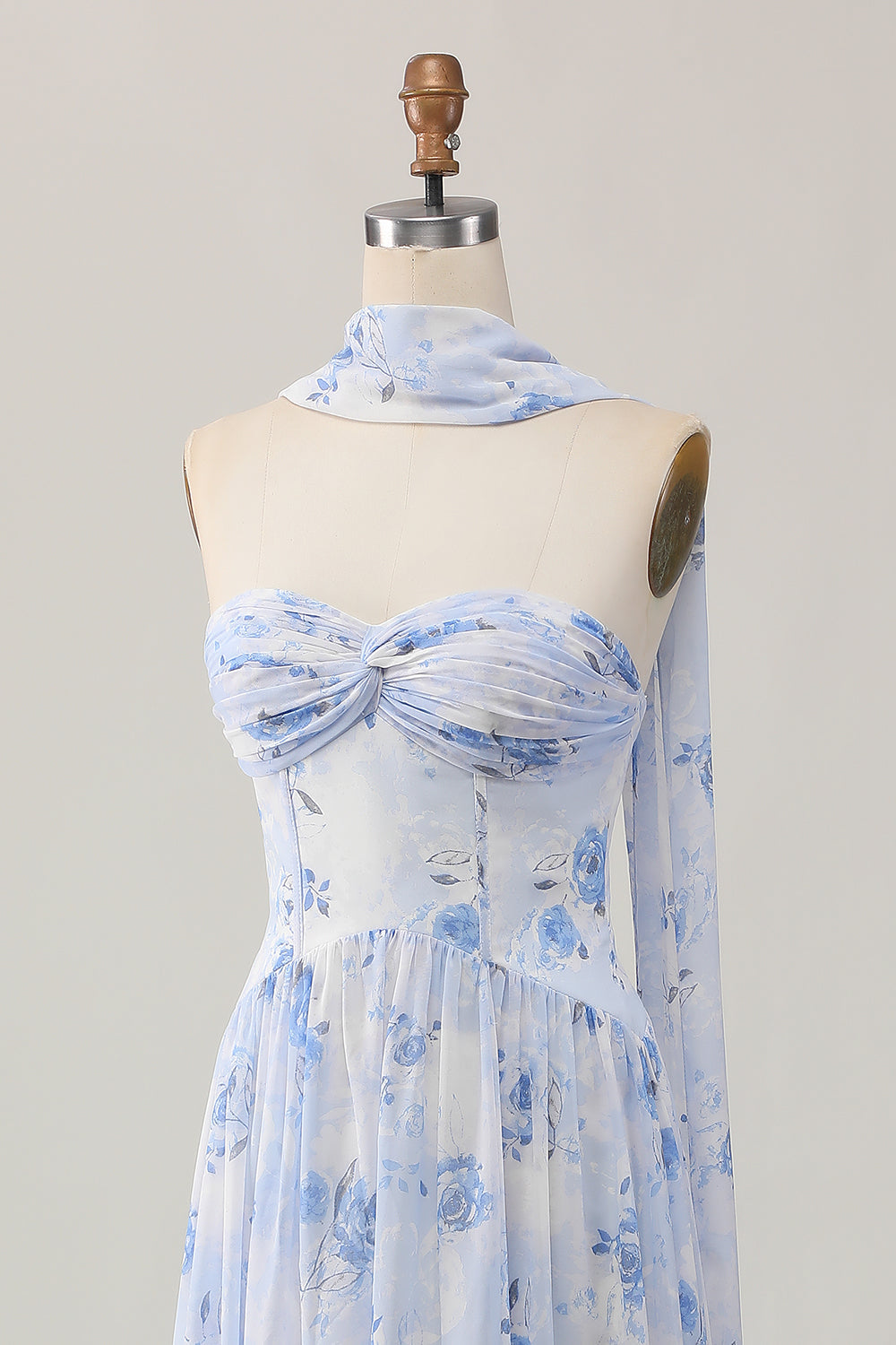 Blue Floral Corset Neck Scarf Maxi A Line Wedding Guest Dress with Slit