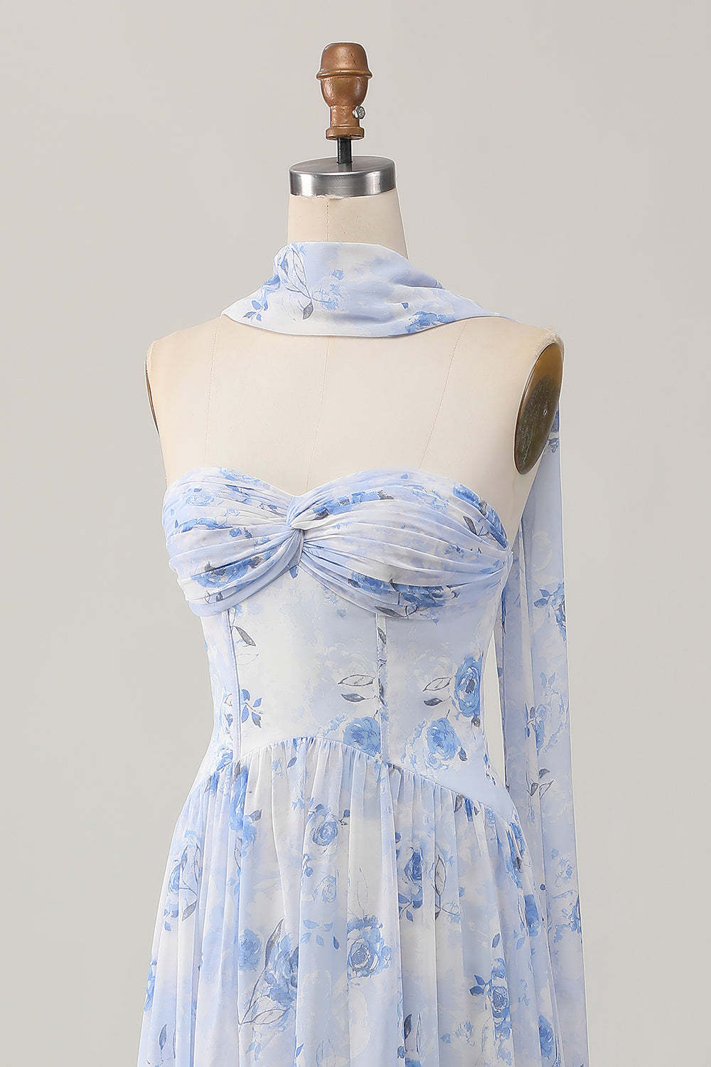 Blue Floral Corset Neck Scarf Maxi A Line Wedding Guest Dress with Slit