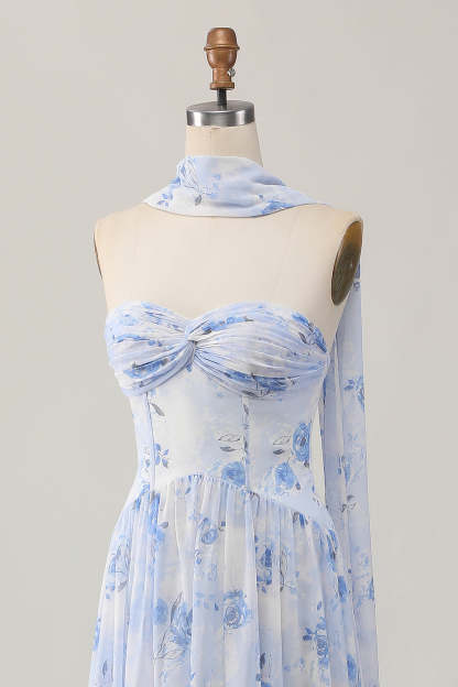 Blue Floral Corset Neck Scarf Maxi A Line Wedding Guest Dress with Slit