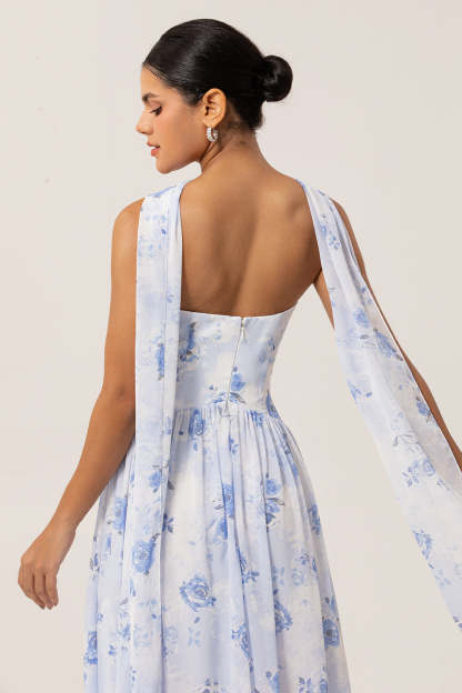 Blue Corset Floral Neck Scarf Maxi Wedding Guest Dress with Slit