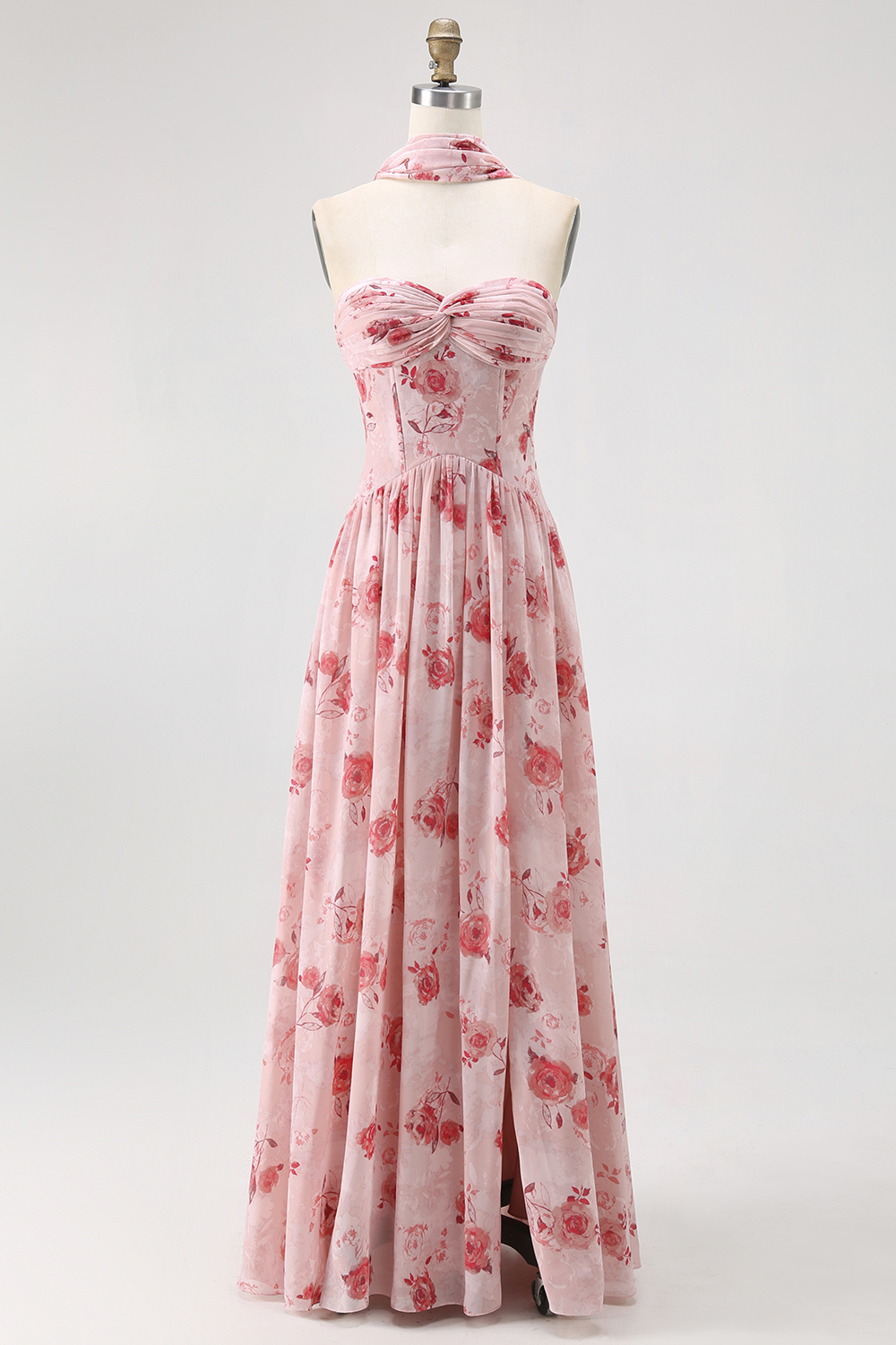 Blue Floral Corset Neck Scarf Maxi A Line Wedding Guest Dress with Slit