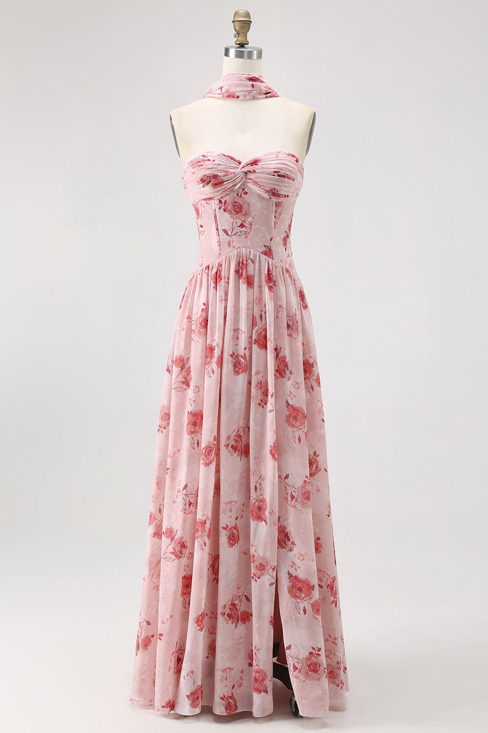 Blue Corset Floral Neck Scarf Maxi Wedding Guest Dress with Slit