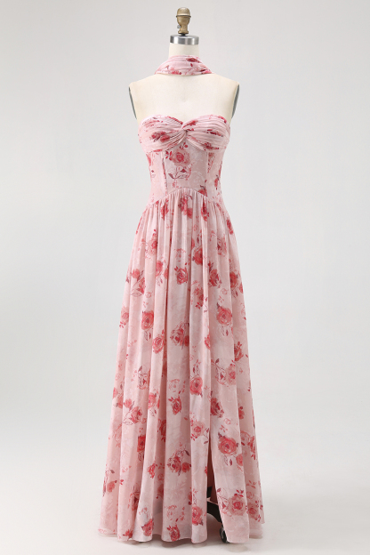 Blue Corset Floral Neck Scarf Maxi Wedding Guest Dress with Slit