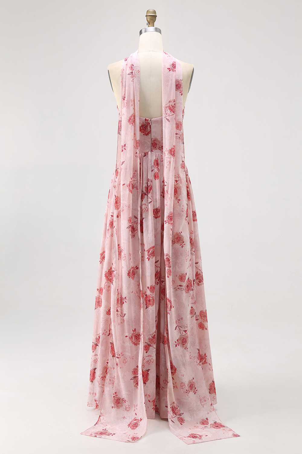 Blue Floral Corset Neck Scarf Maxi A Line Wedding Guest Dress with Slit