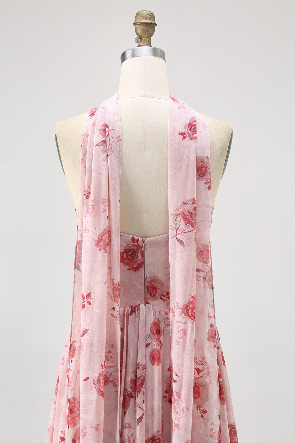 Blue Corset Floral Neck Scarf Maxi Wedding Guest Dress with Slit