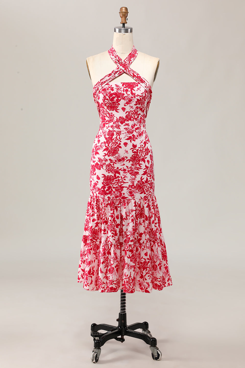 Red Floral Halter Mermaid Midi Wedding Guest Dress with Bow