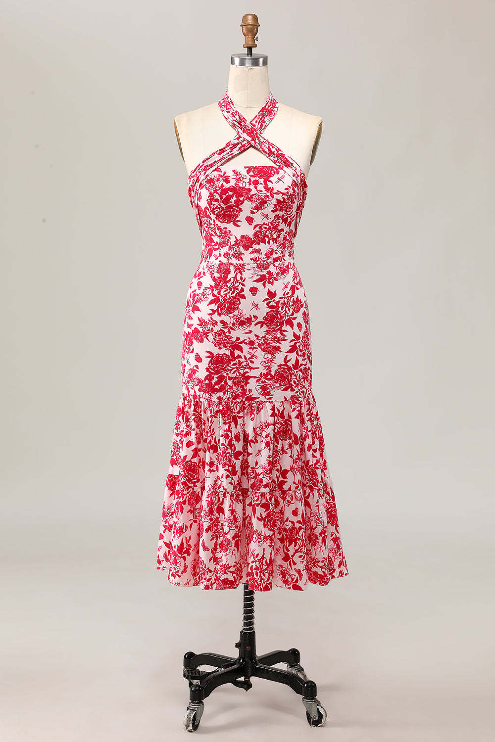 Leely Women Red Floral Midi Chiffon Wedding Guest Dress with Bow Halter Mermaid Ruched Bridesmaid Dress