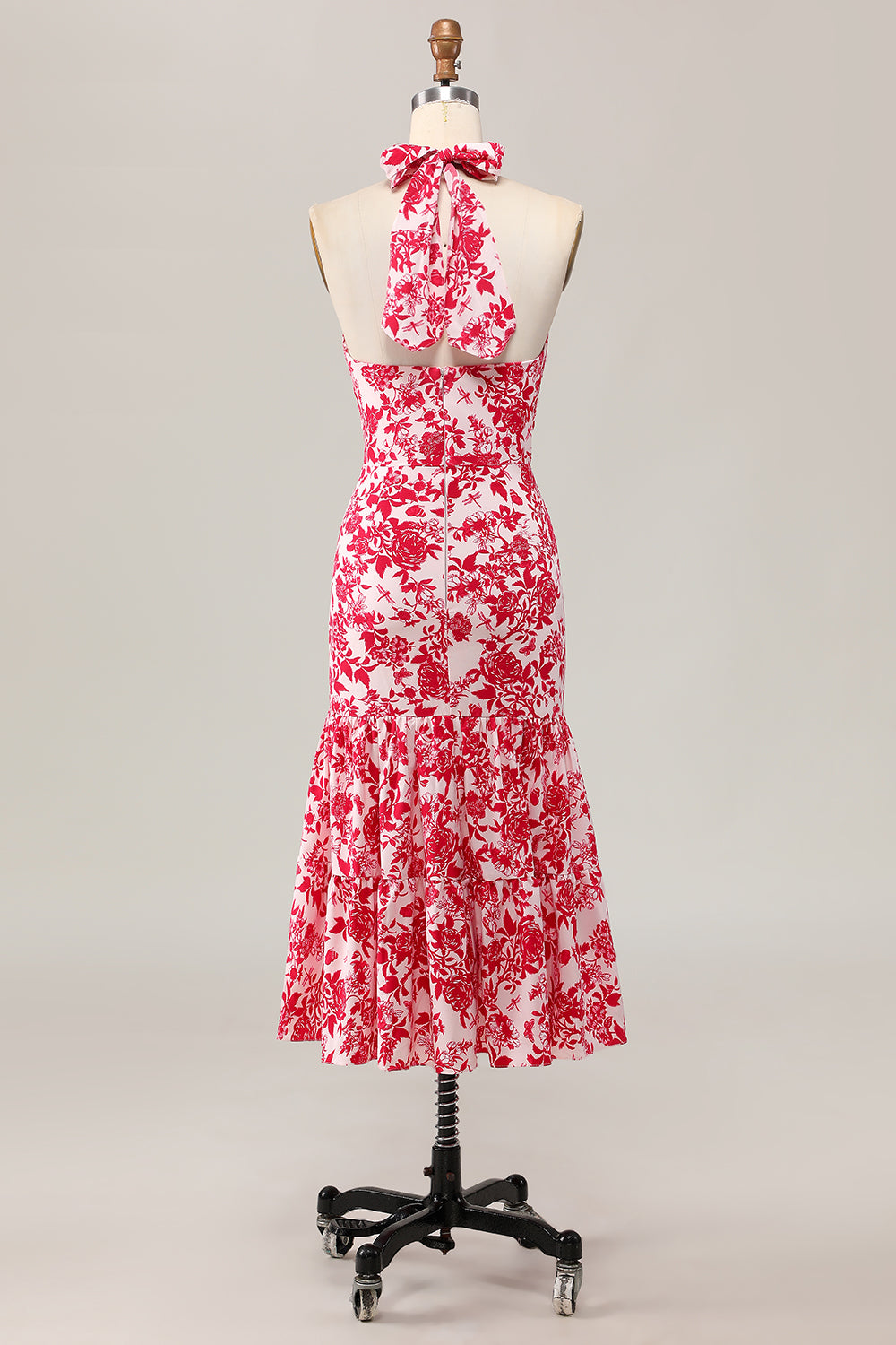Red Floral Halter Mermaid Midi Wedding Guest Dress with Bow