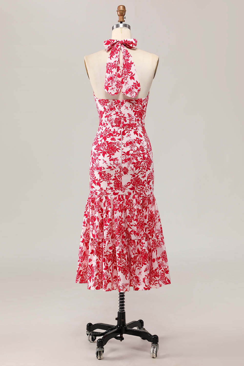 Red Floral Halter Mermaid Midi Wedding Guest Dress with Bow