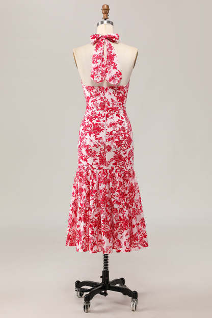 Red Floral Halter Mermaid Midi Wedding Guest Dress with Bow