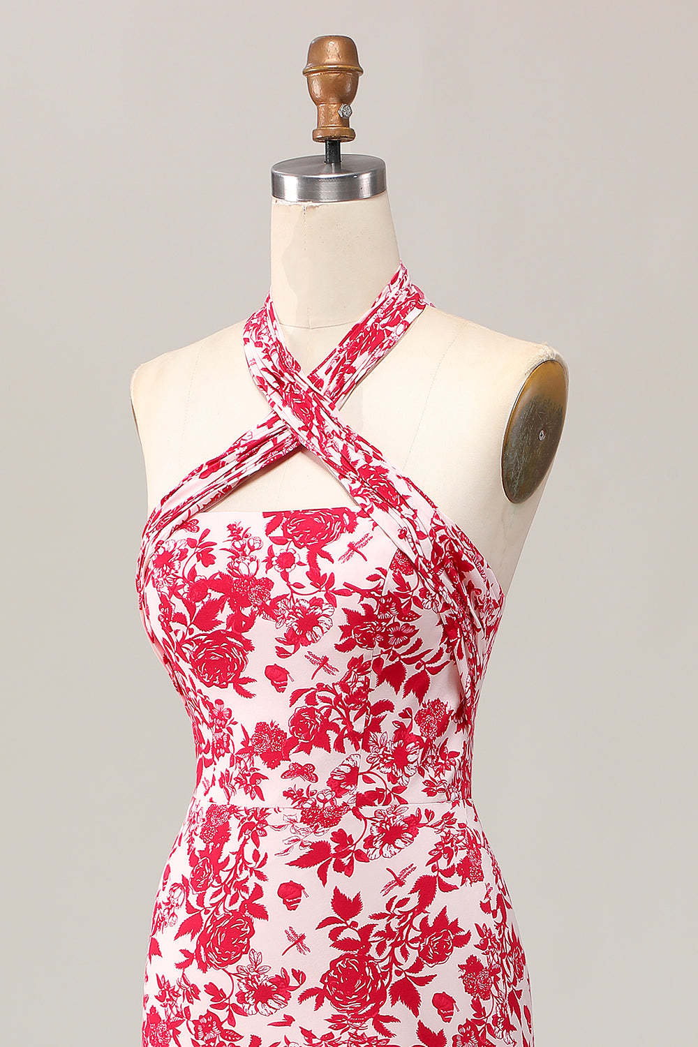 Red Floral Halter Mermaid Midi Wedding Guest Dress with Bow