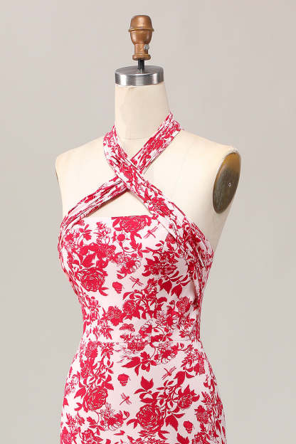 Red Floral Halter Mermaid Midi Wedding Guest Dress with Bow
