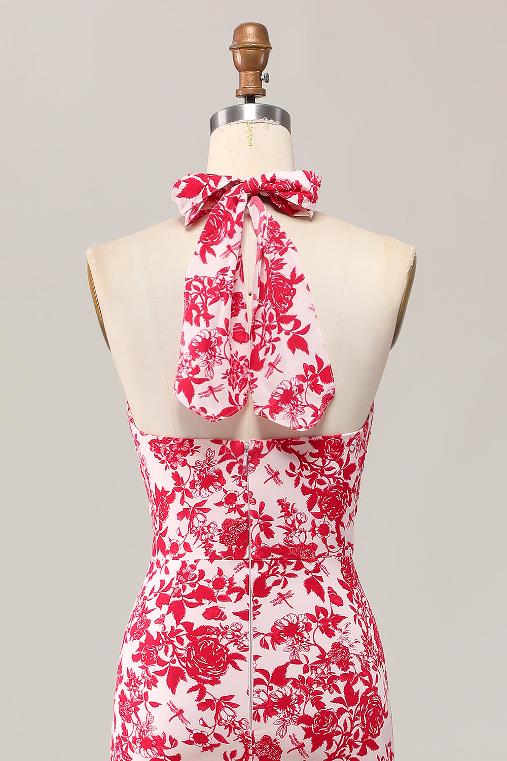 Red Floral Halter Mermaid Midi Wedding Guest Dress with Bow