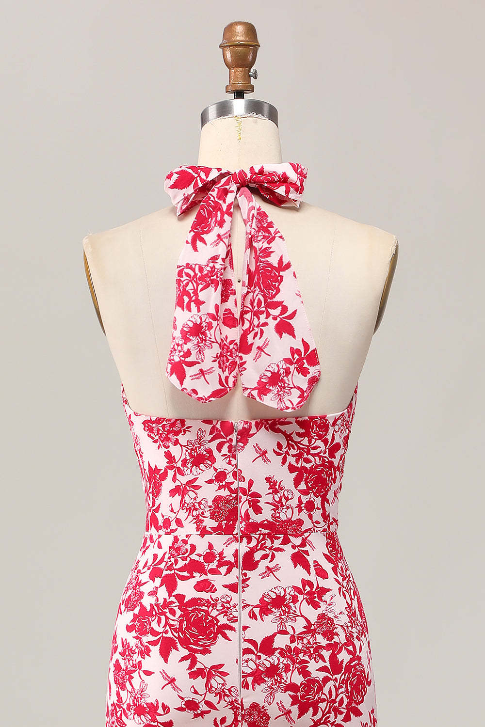 Red Floral Halter Mermaid Midi Wedding Guest Dress with Bow