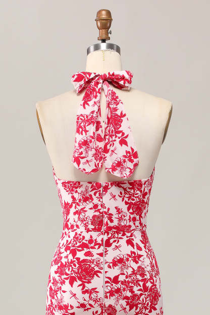 Red Floral Halter Mermaid Midi Wedding Guest Dress with Bow