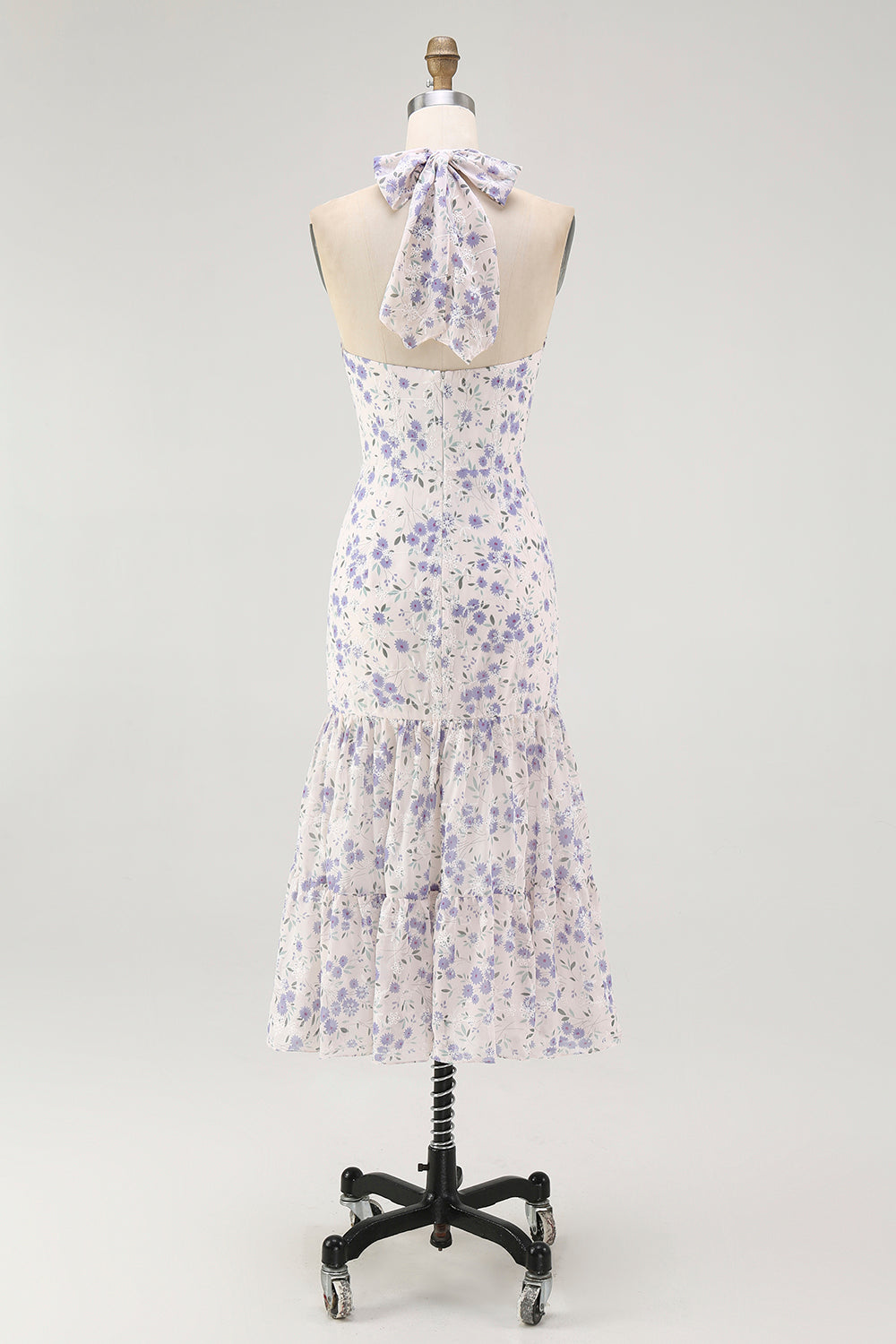 Blue Floral Halter Midi Bridesmaid Dress with Bow