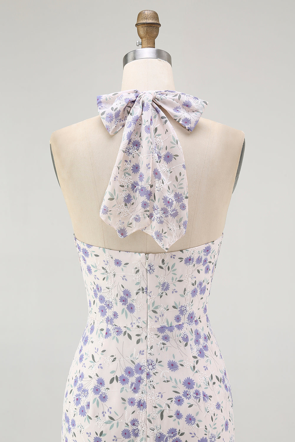 Blue Floral Halter Midi Bridesmaid Dress with Bow