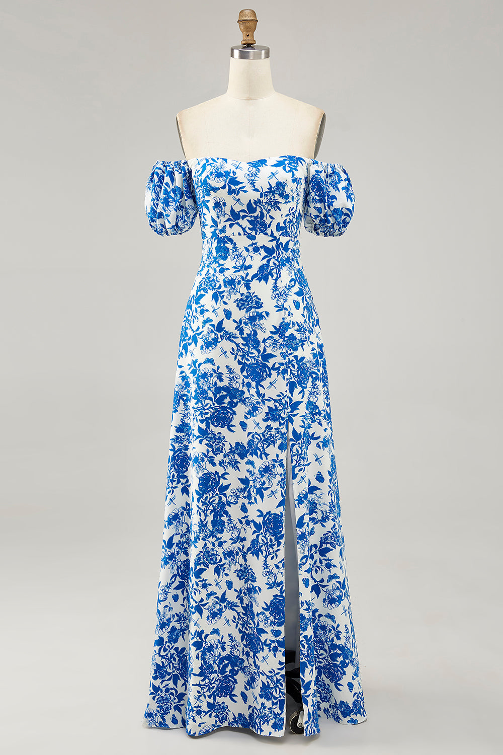 Leely Women Blue Floral Maxi Wedding Guest Dress with Slit Chiffon A Line Off the Shoulder Bridesmaid Dress
