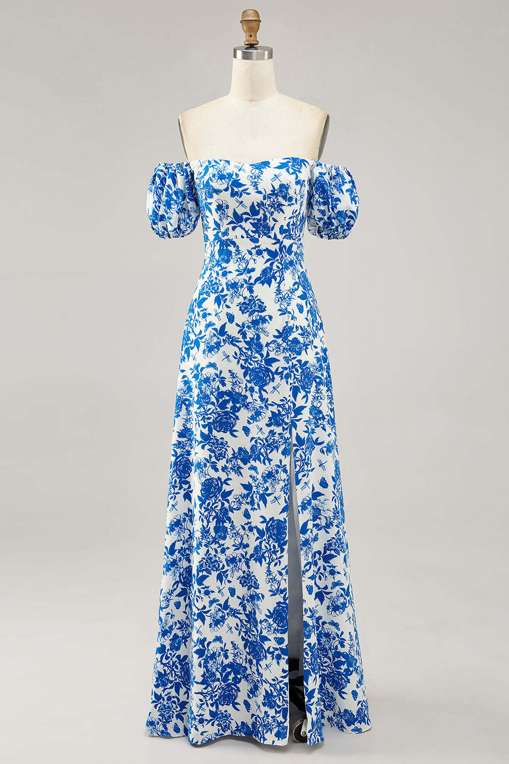 Leely Women Blue Floral Maxi Wedding Guest Dress with Slit Chiffon A Line Off the Shoulder Bridesmaid Dress