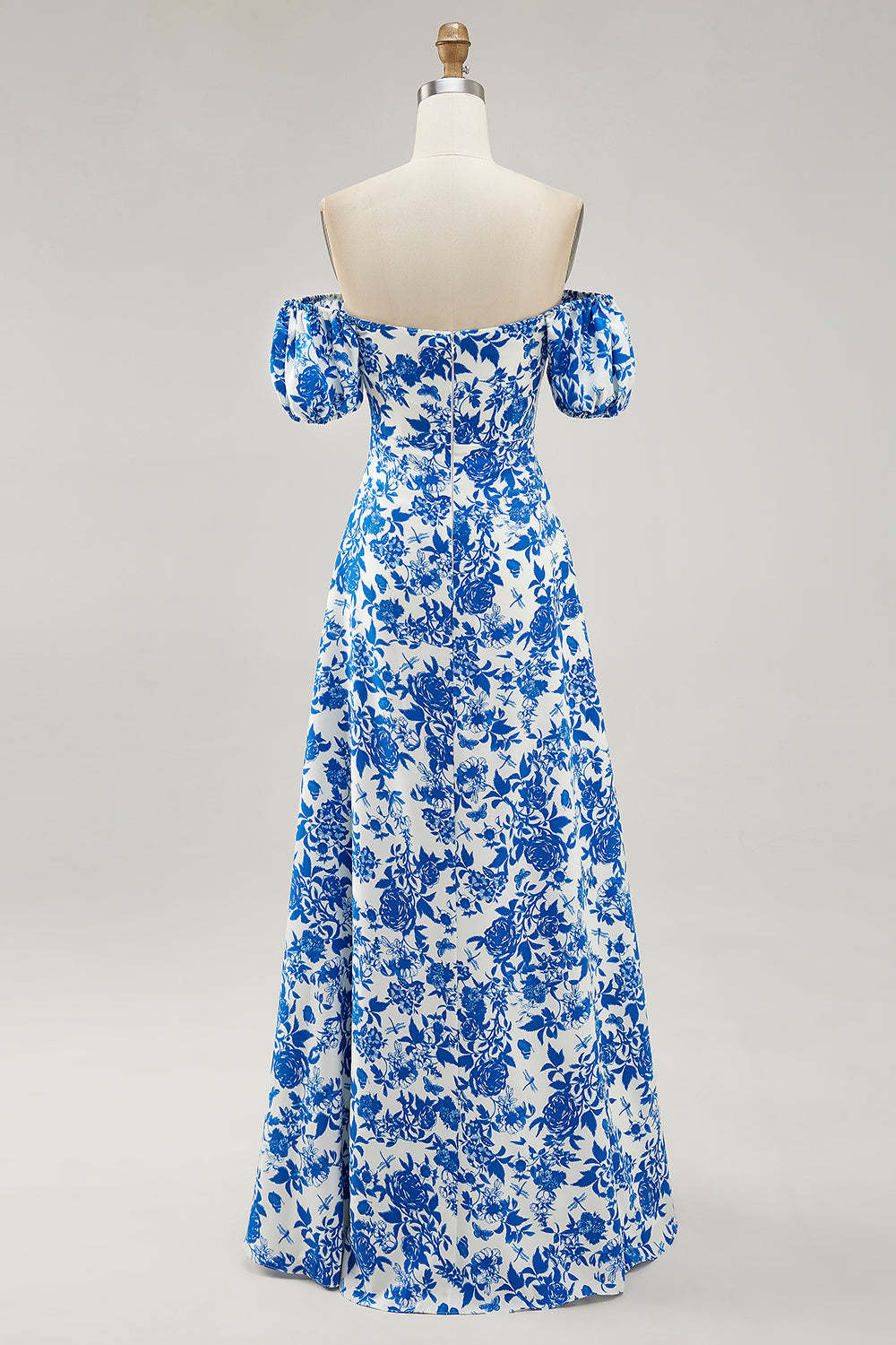Blue Floral Maxi A Line Off the Shoulder Wedding Guest Dress with Slit