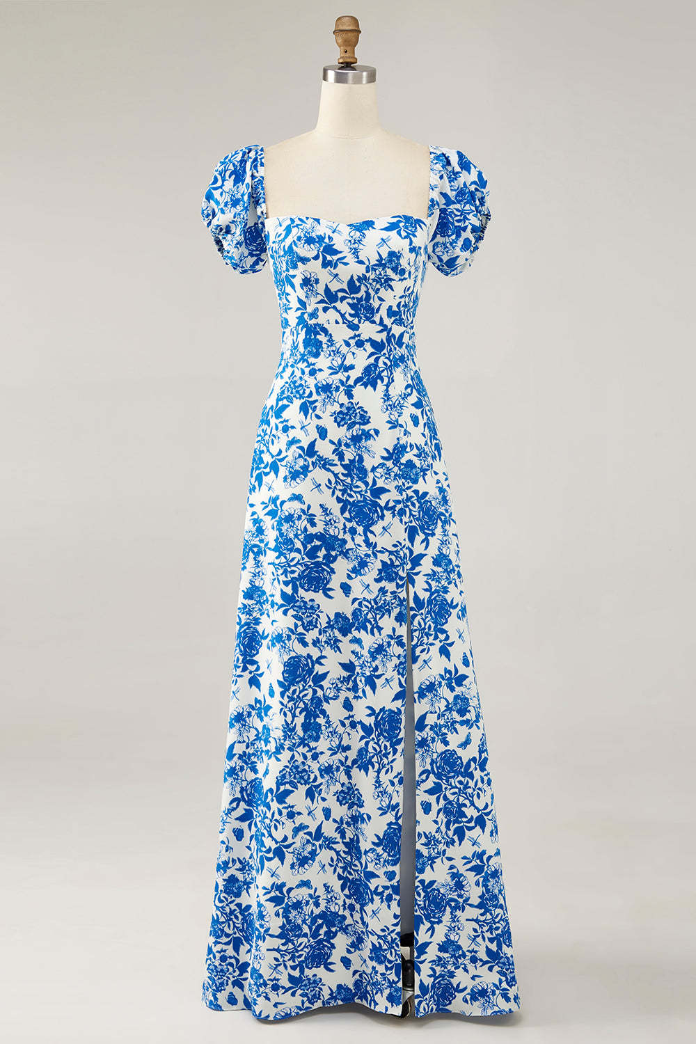 Blue Floral Maxi A Line Off the Shoulder Wedding Guest Dress with Slit