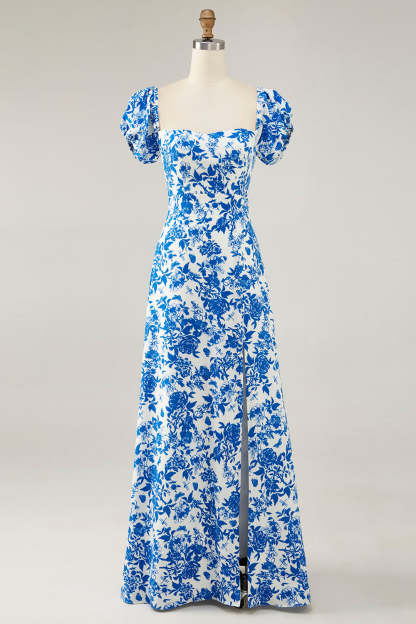 Blue Floral Maxi A Line Off the Shoulder Wedding Guest Dress with Slit
