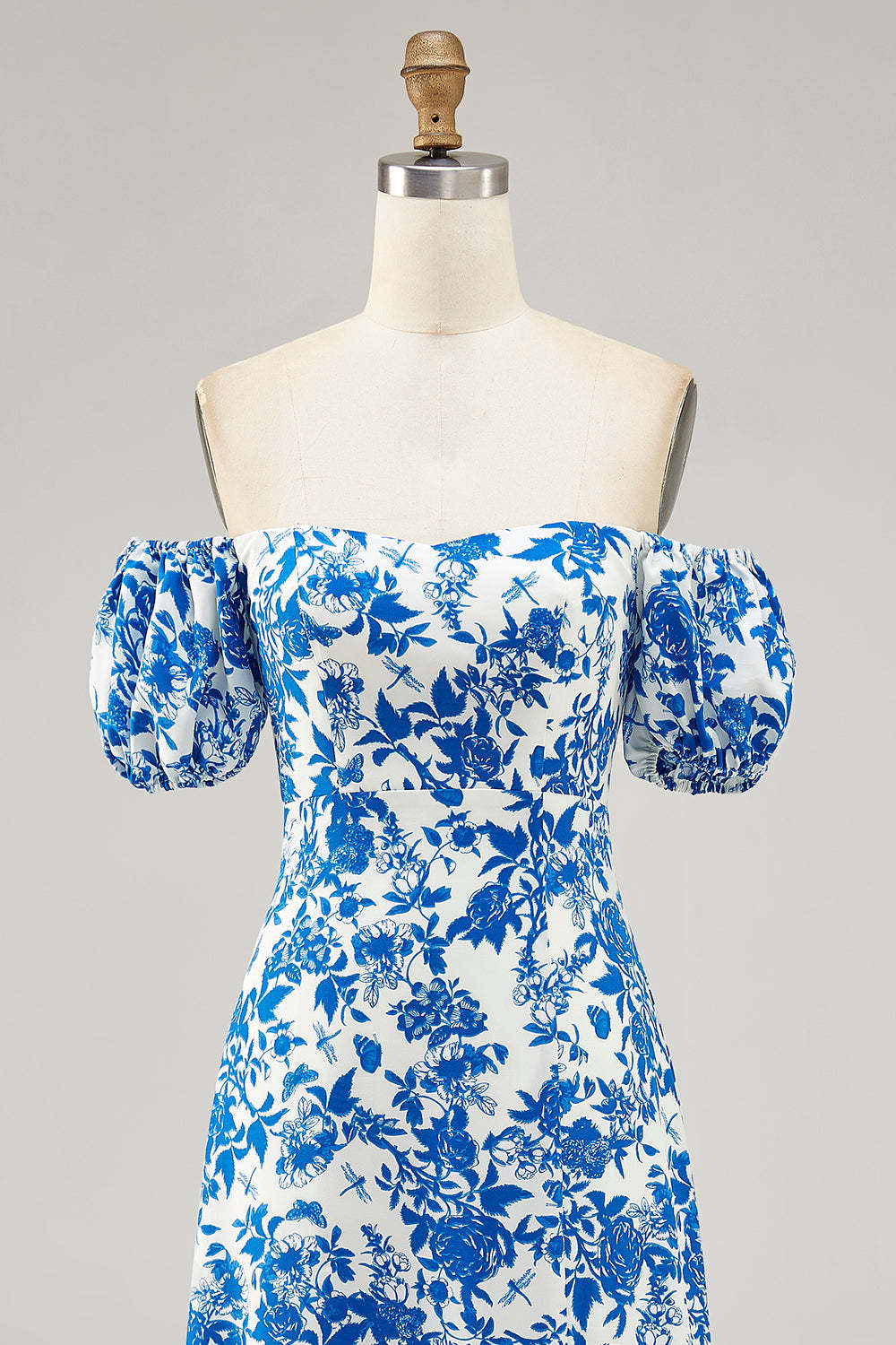 Blue Floral Maxi A Line Off the Shoulder Wedding Guest Dress with Slit