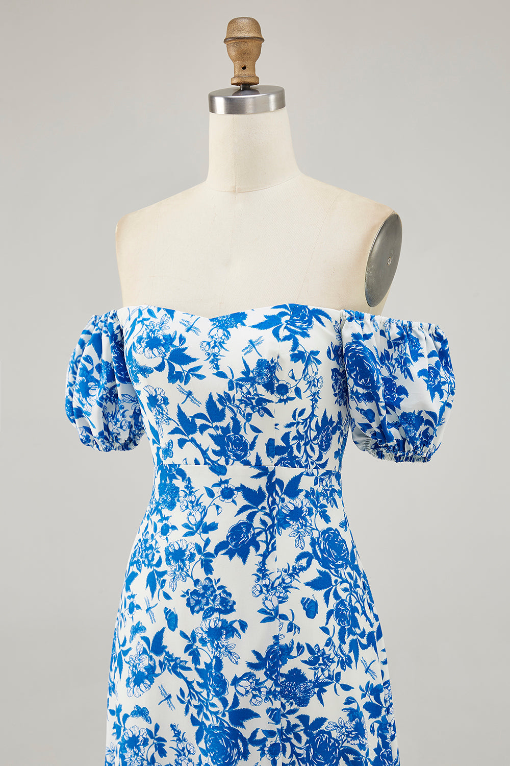 Blue Floral Maxi A Line Off the Shoulder Wedding Guest Dress with Slit