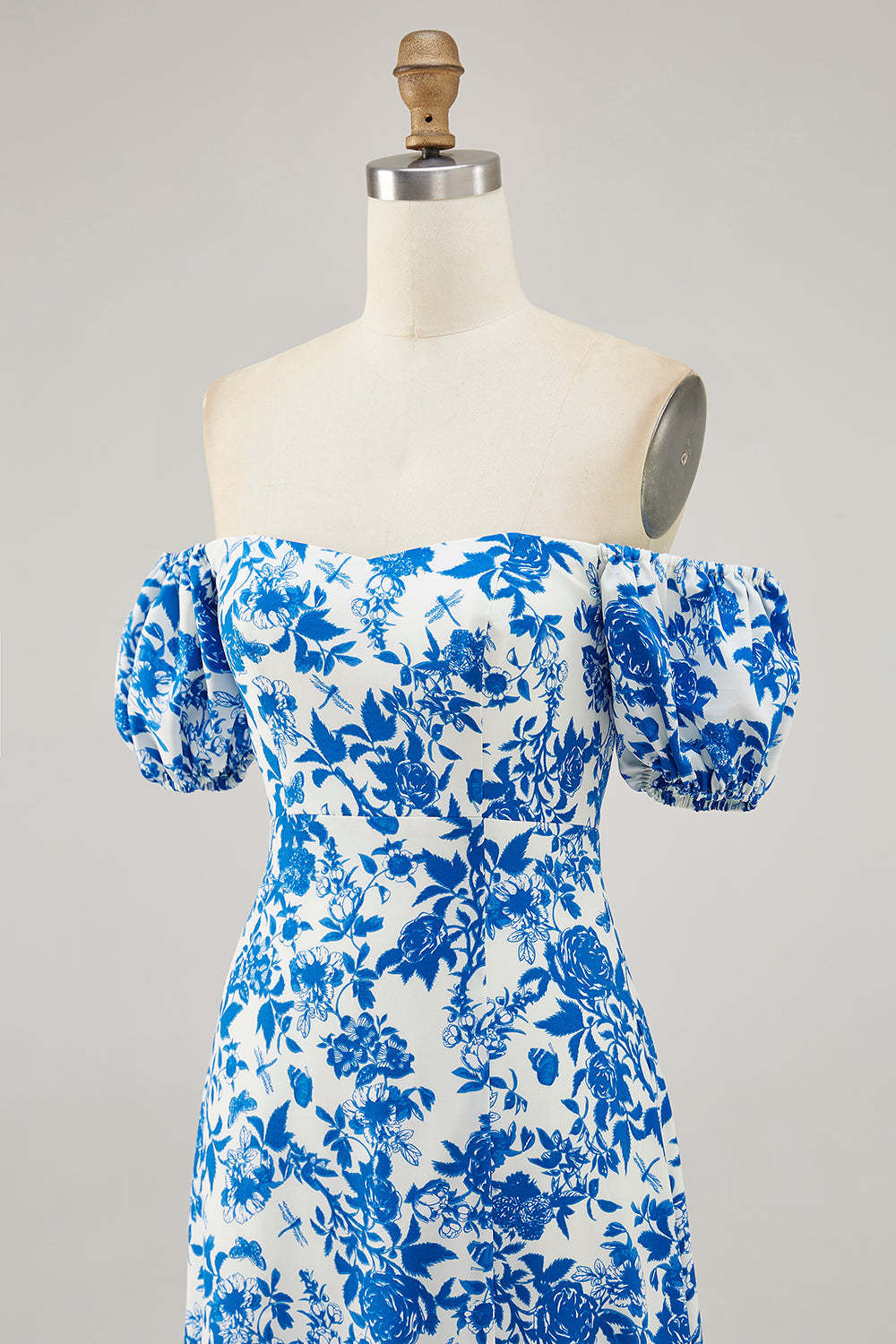 Blue Floral Maxi A Line Off the Shoulder Wedding Guest Dress with Slit