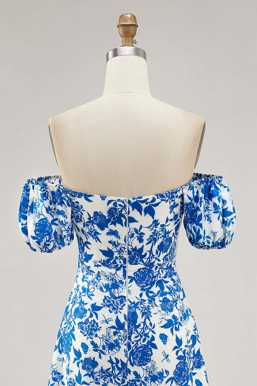 Blue Floral Maxi A Line Off the Shoulder Wedding Guest Dress with Slit