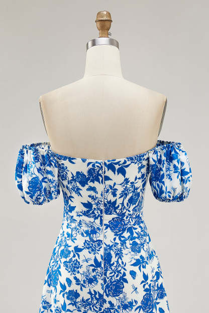 Blue Floral Maxi A Line Off the Shoulder Wedding Guest Dress with Slit