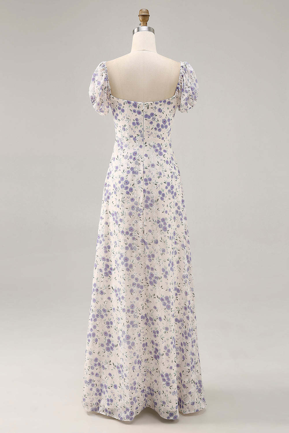 Blue Floral Chiffon Square Neck Maxi Wedding Guest Dress with Slit