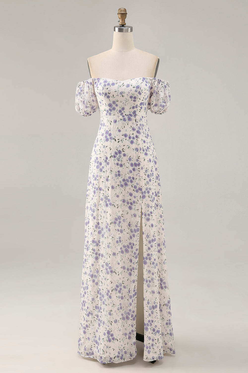 Blue Floral Chiffon Square Neck Maxi Wedding Guest Dress with Slit