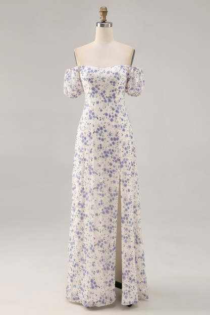 Blue Floral Chiffon Square Neck Maxi Wedding Guest Dress with Slit