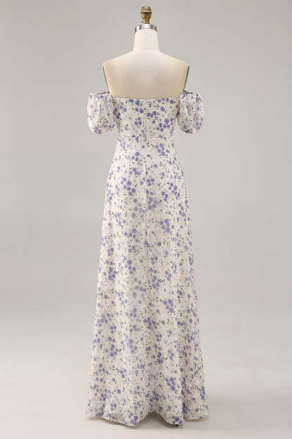 Blue Floral Chiffon Square Neck Maxi Wedding Guest Dress with Slit