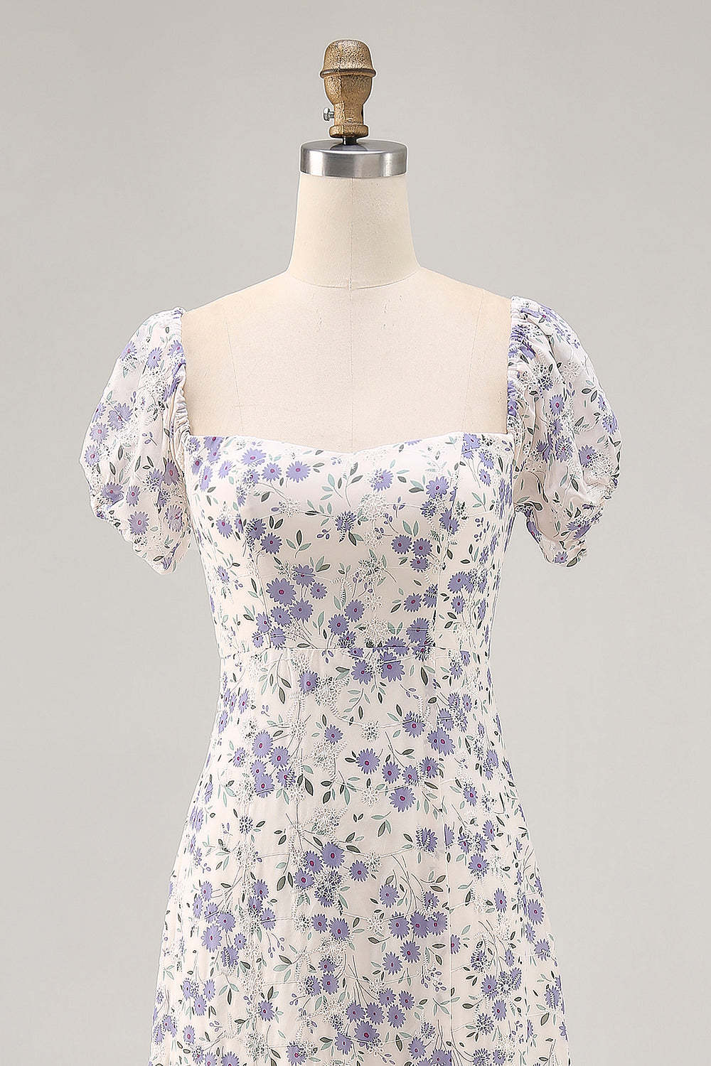 Blue Floral Chiffon Square Neck Maxi Wedding Guest Dress with Slit