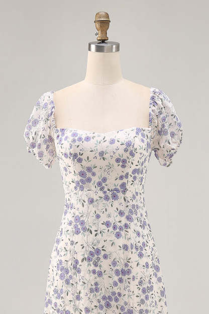 Blue Floral Chiffon Square Neck Maxi Wedding Guest Dress with Slit