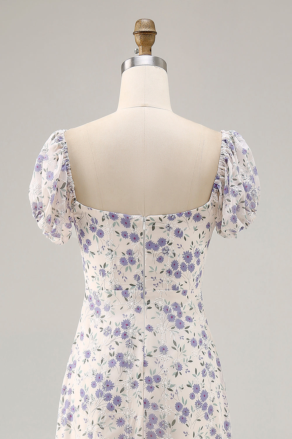 Blue Floral Chiffon Square Neck Maxi Wedding Guest Dress with Slit