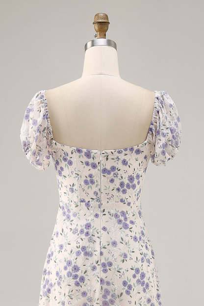 Blue Floral Chiffon Square Neck Maxi Wedding Guest Dress with Slit