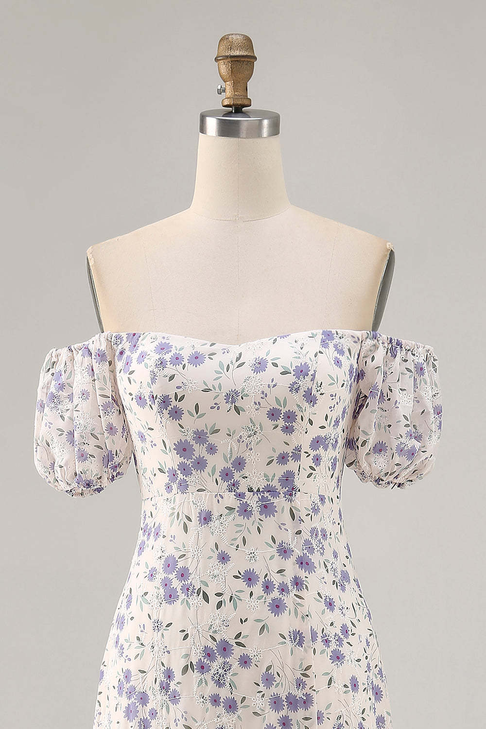 Blue Floral Chiffon Square Neck Maxi Wedding Guest Dress with Slit