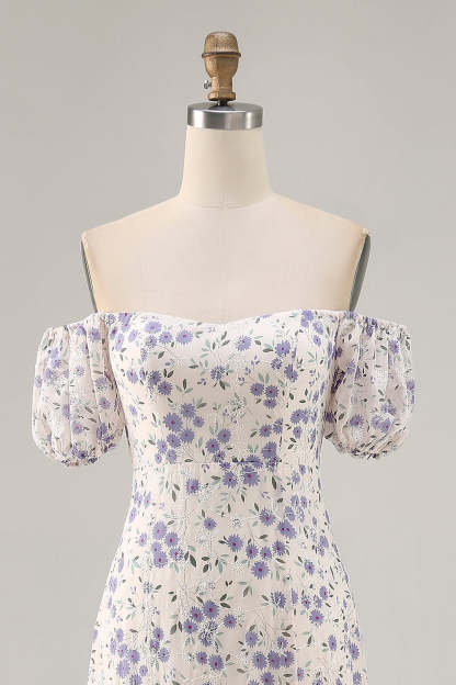 Blue Floral Chiffon Square Neck Maxi Wedding Guest Dress with Slit