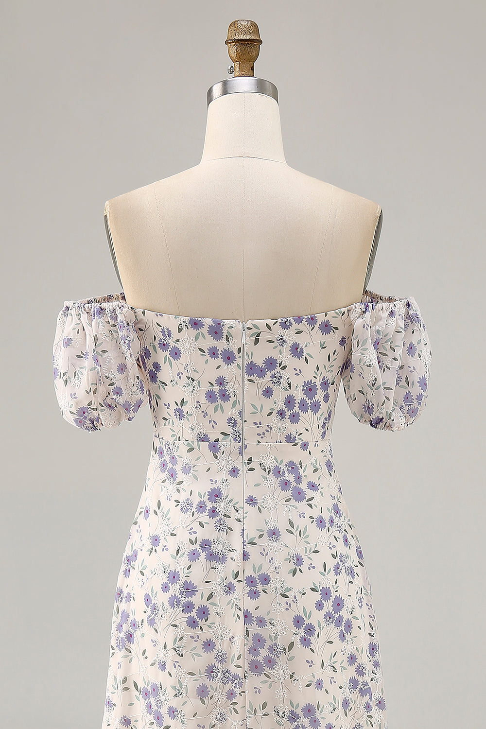 Blue Floral Chiffon Square Neck Maxi Wedding Guest Dress with Slit