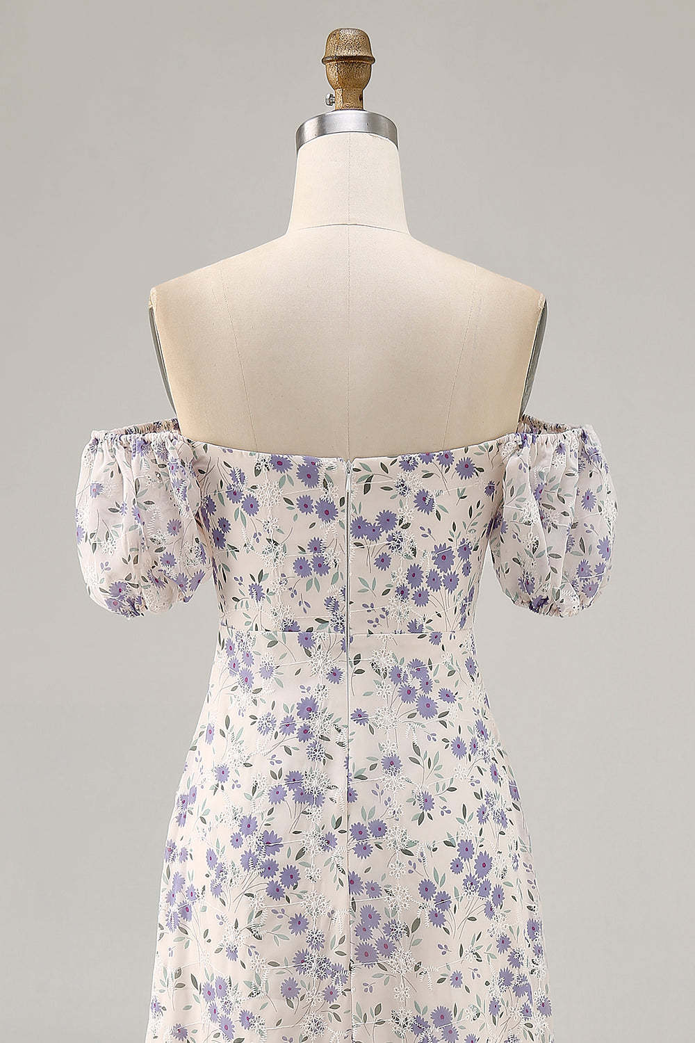 Blue Floral Chiffon Square Neck Maxi Wedding Guest Dress with Slit