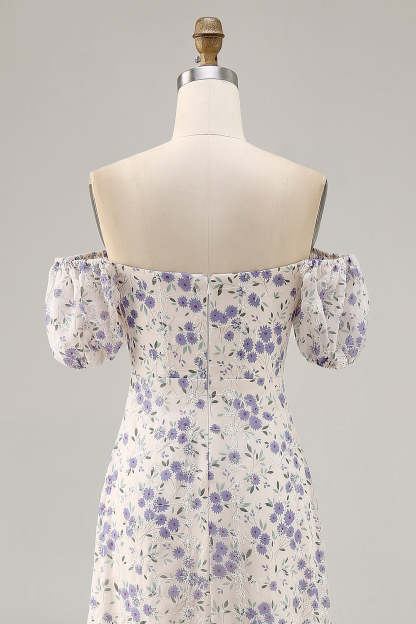 Blue Floral Chiffon Square Neck Maxi Wedding Guest Dress with Slit