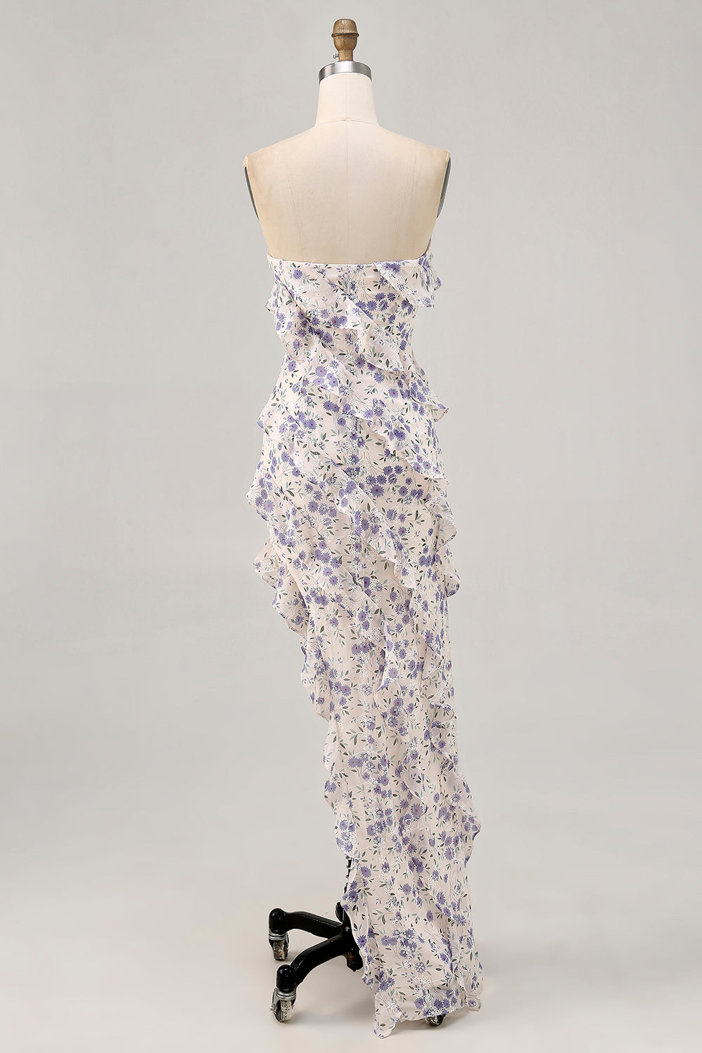 Blue Floral Strapless Ruffled Asymmetrical Sheath Wedding Guest Dress with Slit