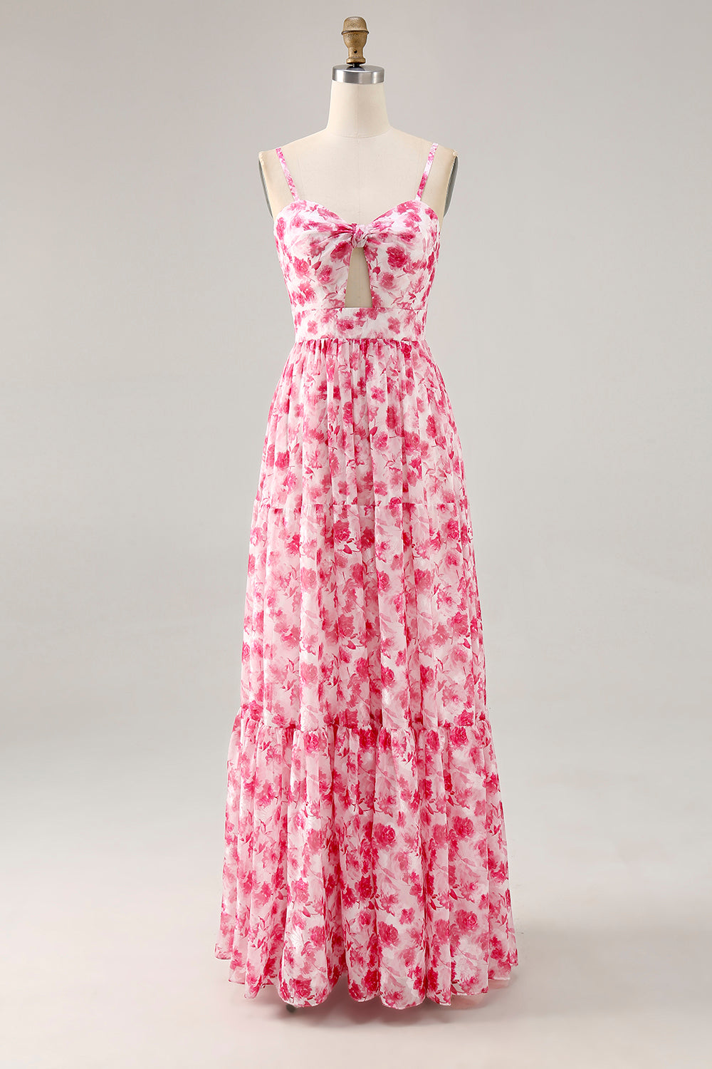Pink Floral Chiffon Ruched Keyhole Maxi Wedding Guest Dress