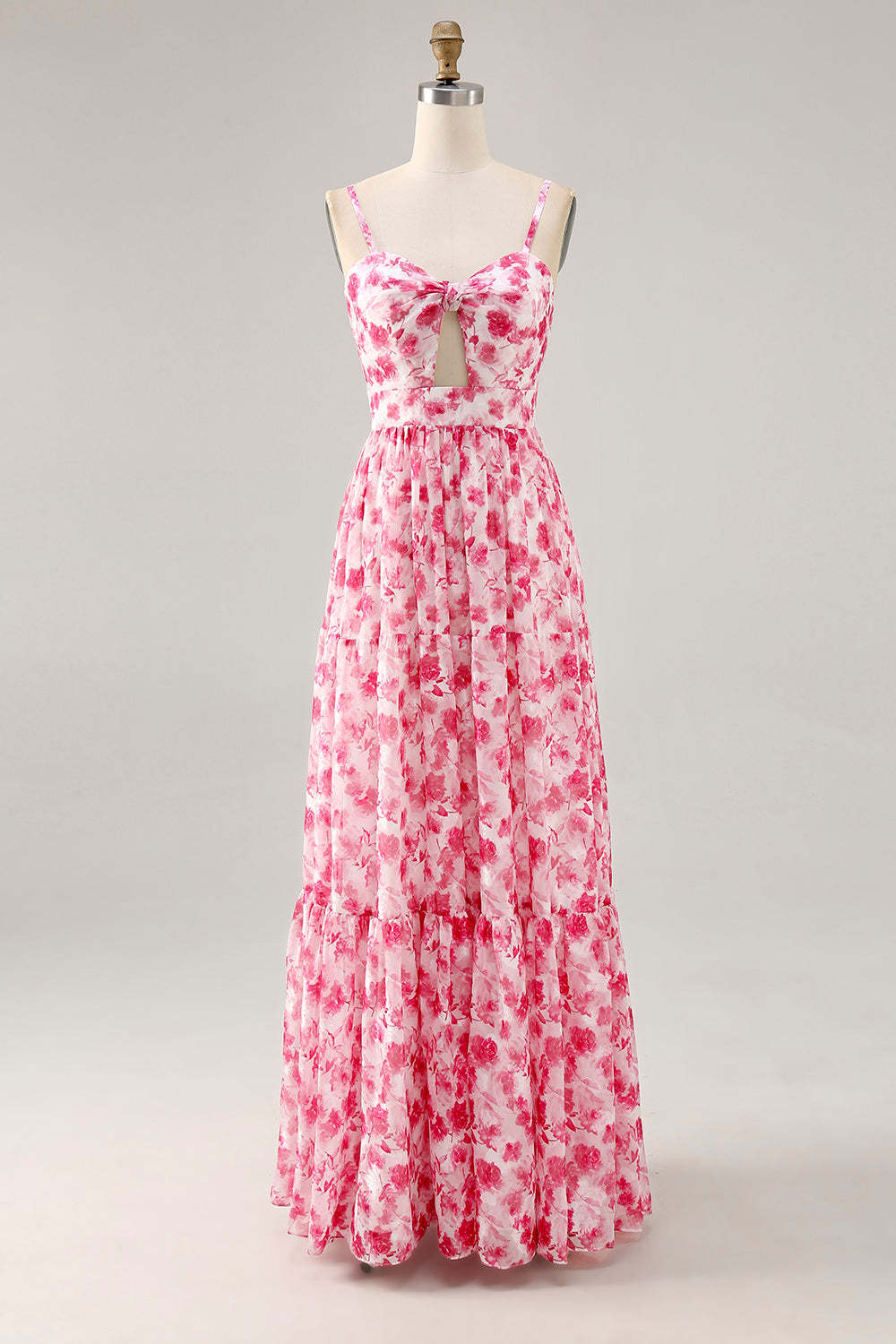 Blue Floral Ruched Chiffon Maxi Wedding Guest Dress with Keyhole