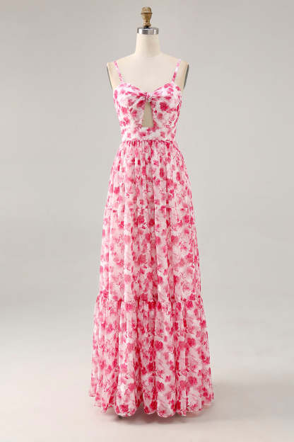 Blue Floral Ruched Chiffon Maxi Wedding Guest Dress with Keyhole