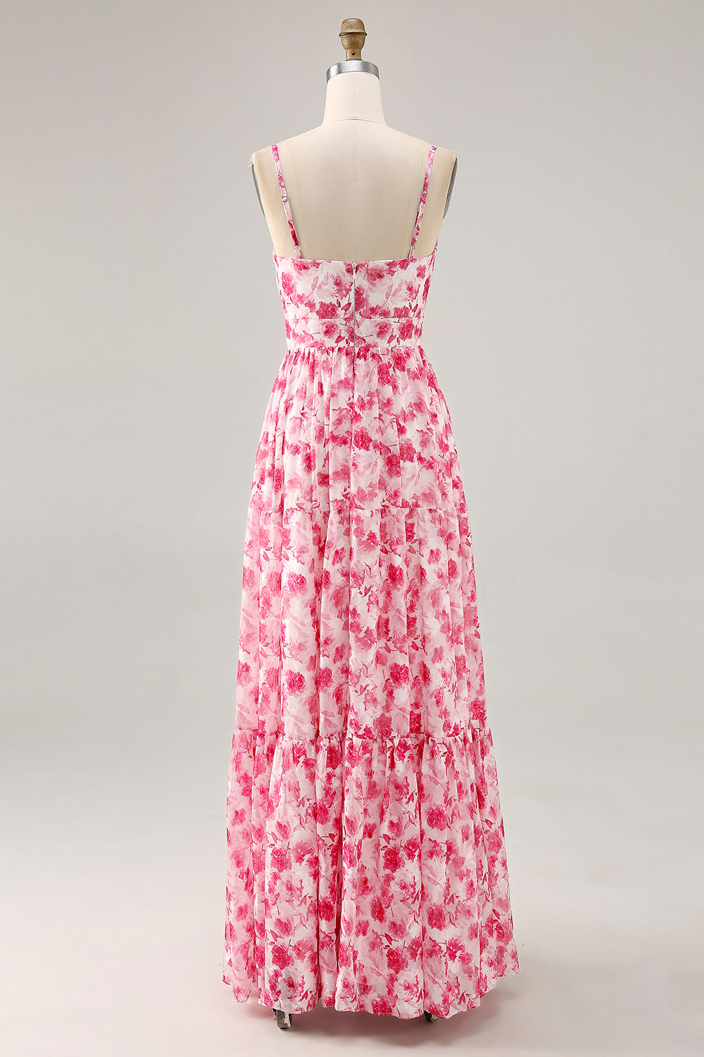Blue Floral Ruched Chiffon Maxi Wedding Guest Dress with Keyhole